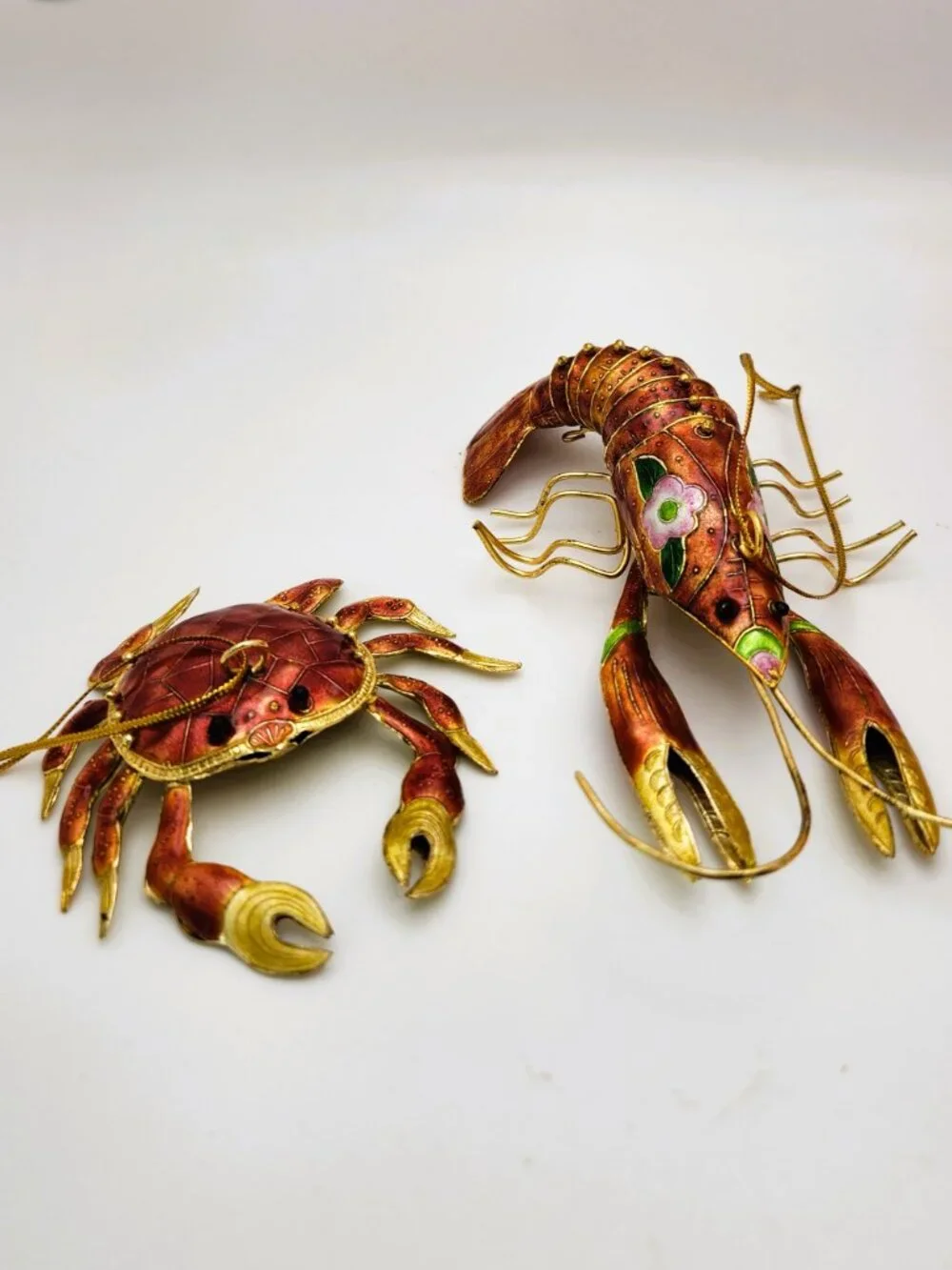 Vintage Enamel Metal Lobster Crab Ornaments Cloisonne Style Articulated Pair